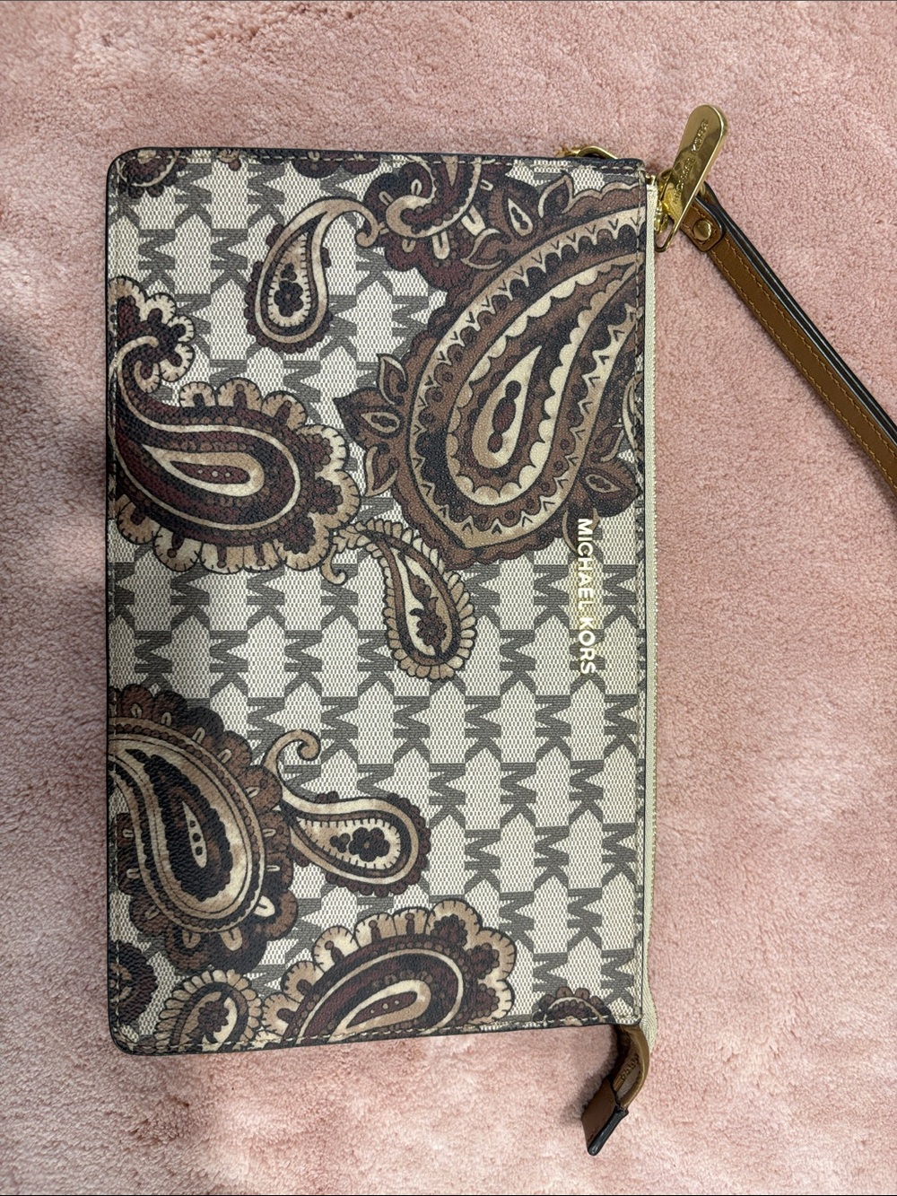 Michael Kors Paisley Signature Wristlet Clutch - Brown, Tan, Cream